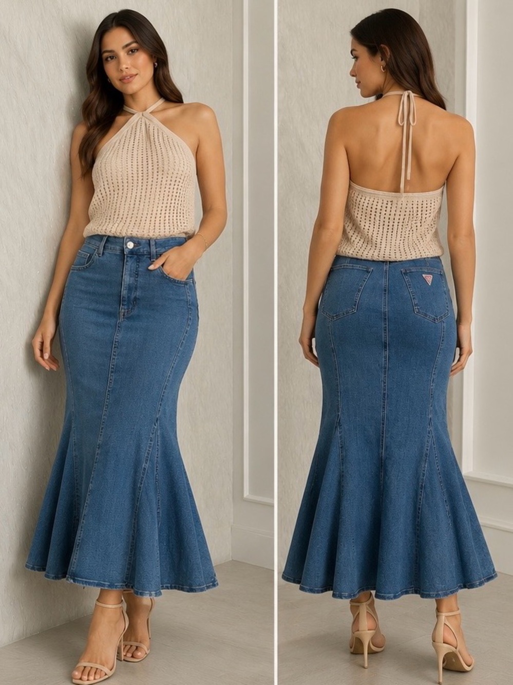 Guess Blue Denim Flare Mermaid Hem Skirt